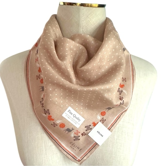 NWT Celine Beige Polka Dot Deer and Logo Patterned Fall Motif Cotton Scarf 20” - Picture 1 of 4